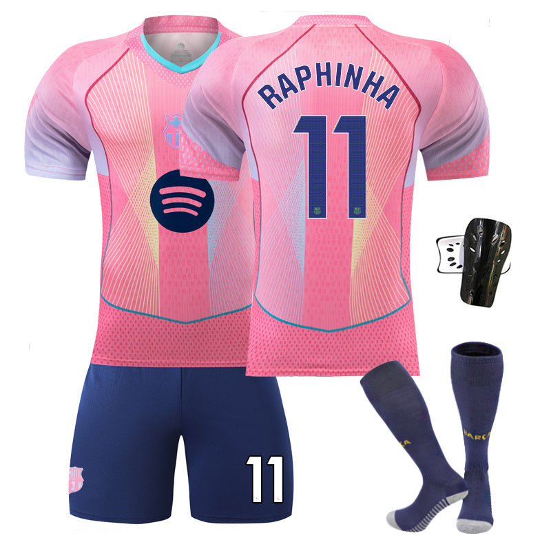 Beakey Barca Gradient Pink Jersey RAPHINHA #11 Soccer Jersey Kids Adult 4Pcs Jersey Kits