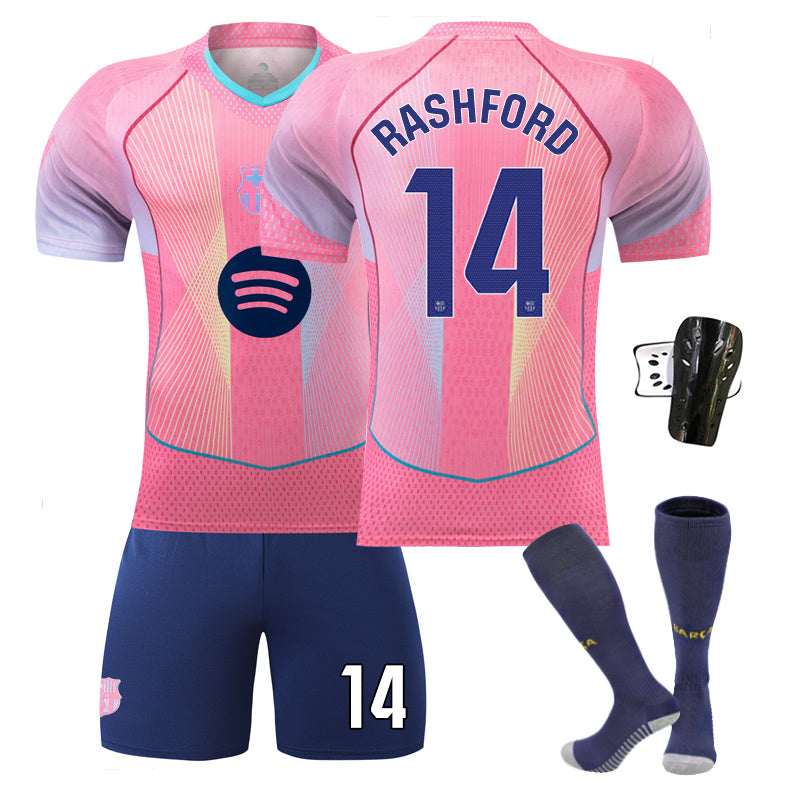Beakey Barca Gradient Pink Jersey RASHFORD #14 Soccer Jersey Kids Adult 4Pcs Jersey Kits