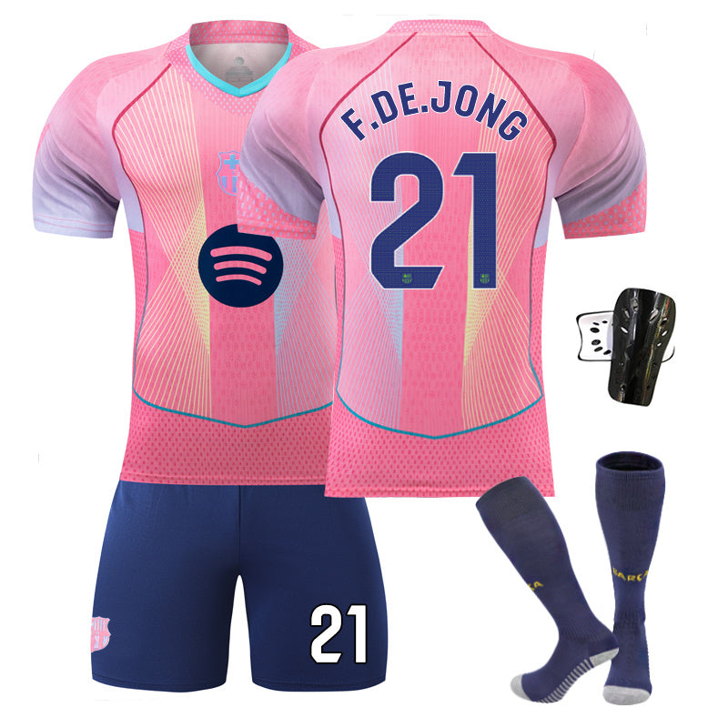 Beakey Barca Gradient Pink Jersey F DE JONG #21 Soccer Jersey Kids Adult 4Pcs Jersey Kits