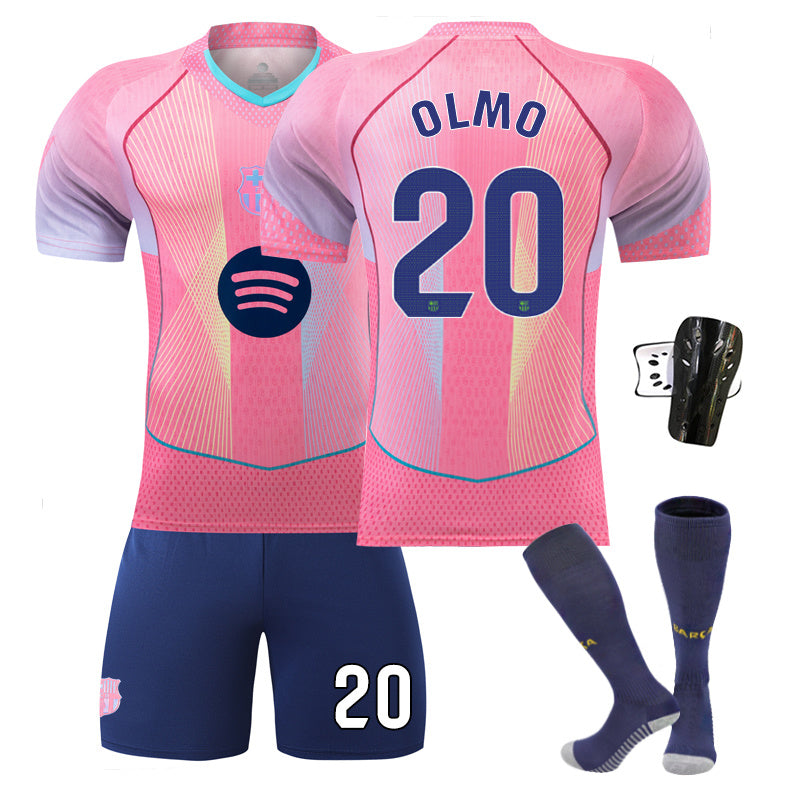 Beakey Barca Gradient Pink Jersey OLMO #20 Soccer Jersey Kids Adult 4Pcs Jersey Kits