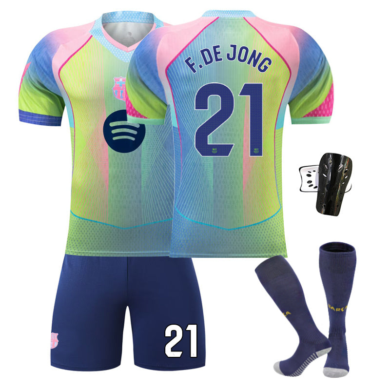 Beakey Barca Gradient Yellow Jersey F DE JONG #21 Soccer Jersey Kids Adult 4Pcs Jersey Kits