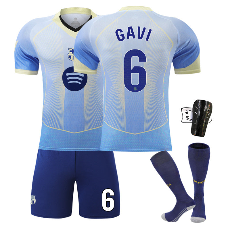 Beakey Barca Gradient Blue Jersey GAVI #6 Soccer Jersey Kids Adult 4Pcs Jersey Kits