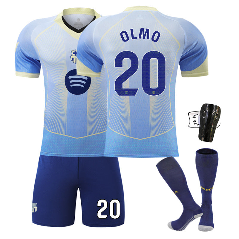 Beakey Barca Gradient Blue Jersey OLMO #20 Soccer Jersey Kids Adult 4Pcs Jersey Kits