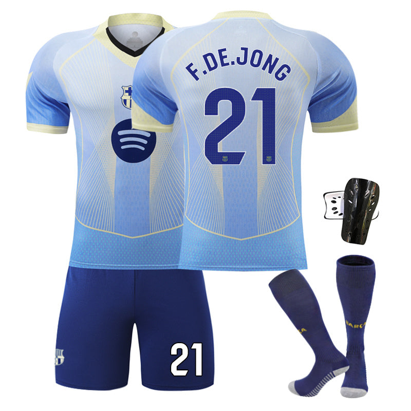 Beakey Barca Gradient Blue Jersey F DE JONG #21 Soccer Jersey Kids Adult 4Pcs Jersey Kits
