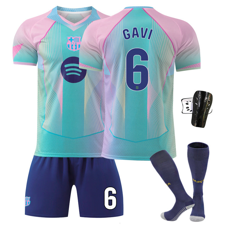 Beakey Barca Gradient Aqua Blue Jersey GAVI #6 Soccer Jersey Kids Adult 4Pcs Jersey Kits