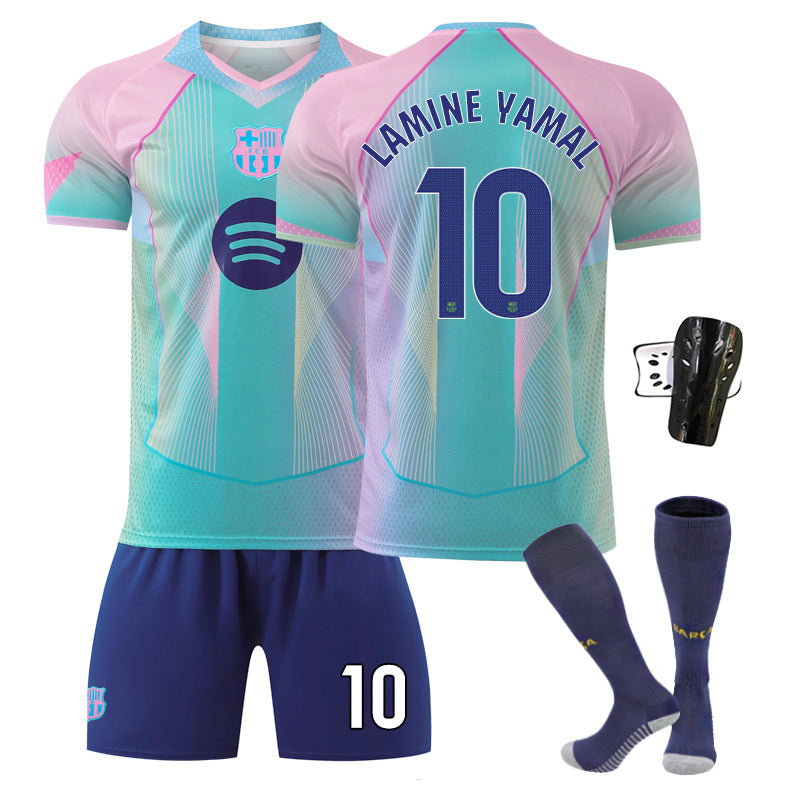 Beakey Barca Gradient Aqua Blue Jersey LAMINE YAMAL #10 Soccer Jersey Kids Adult 4Pcs Jersey Kits