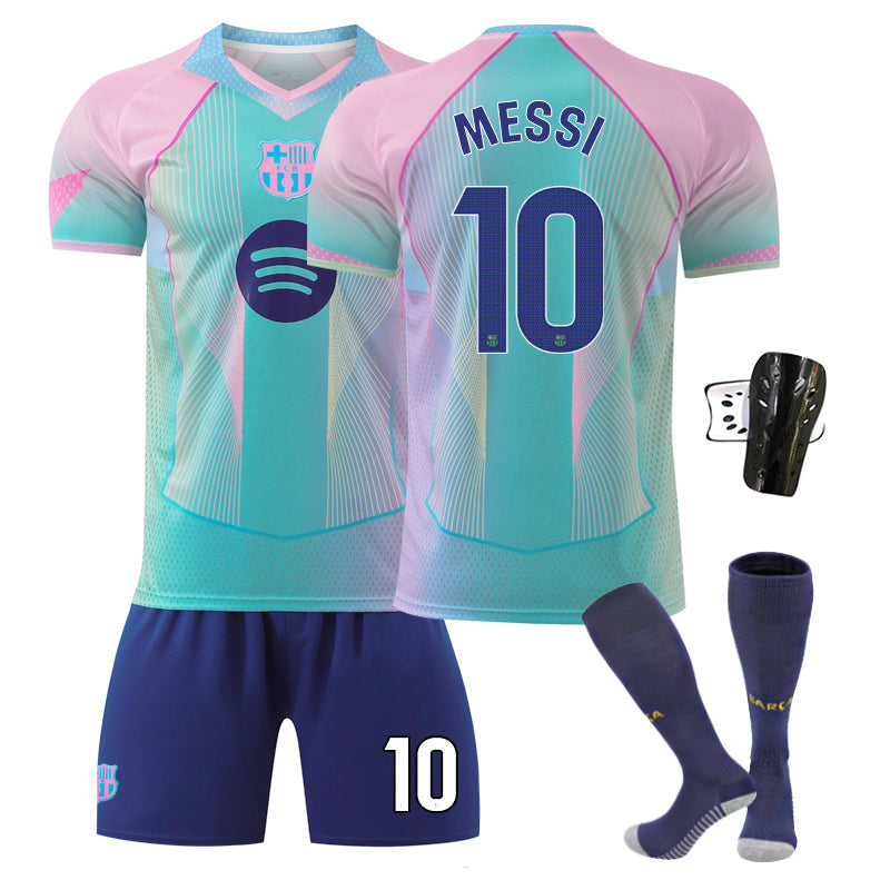 Beakey Barca Gradient Aqua Blue Jersey MESSI #10 Soccer Jersey Kids Adult 4Pcs Jersey Kits
