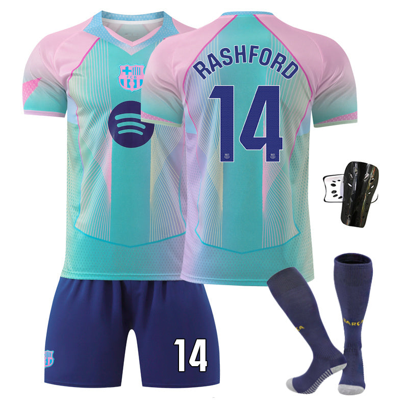 Beakey Barca Gradient Aqua Blue Jersey RASHFORD #14 Soccer Jersey Kids Adult 4Pcs Jersey Kits