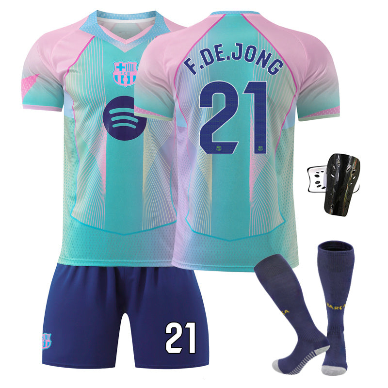 Beakey Barca Gradient Aqua Blue Jersey F DE JONG #21 Soccer Jersey Kids Adult 4Pcs Jersey Kits