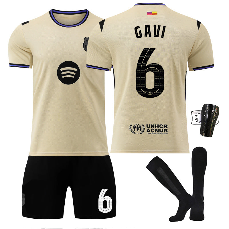 Beakey Barca Away UEFA Champions League Jersey GAVI #6 Soccer Jersey Kids Adult 4Pcs Jersey Kits