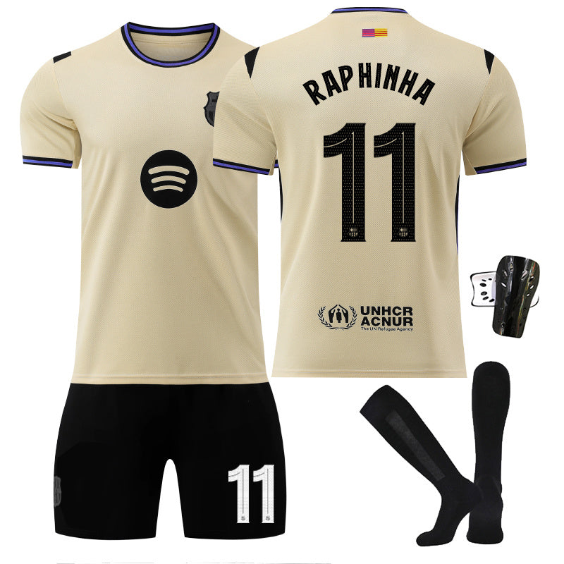 Beakey Barca Away UEFA Champions League Jersey RAPHINHA #11 Soccer Jersey Kids Adult 4Pcs Jersey Kits