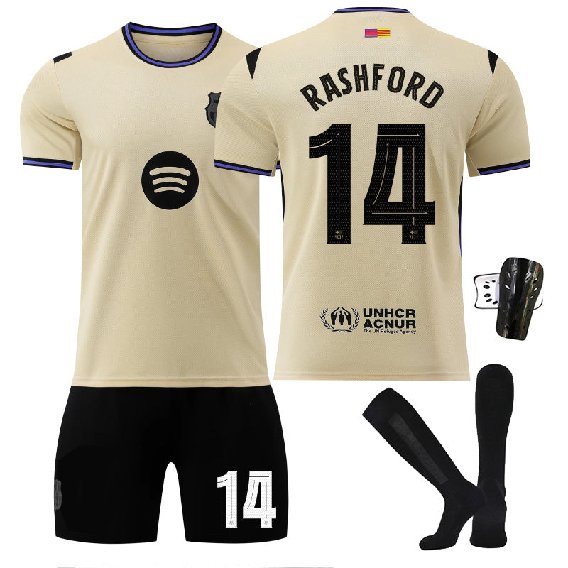 Beakey Barca Away UEFA Champions League Jersey RASHFORD #14 Soccer Jersey Kids Adult 4Pcs Jersey Kits