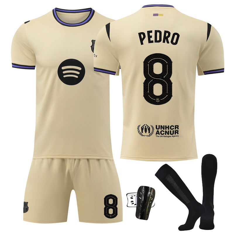 Beakey Barca Away UEFA Champions League Yellow Shorts Jersey PEDRO #8 Soccer Jersey Kids Adult 4Pcs Jersey Kits