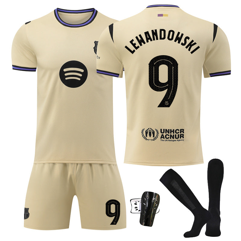 Beakey Barca Away UEFA Champions League Yellow Shorts Jersey LEWANDOWSKI #9 Soccer Jersey Kids Adult 4Pcs Jersey Kits