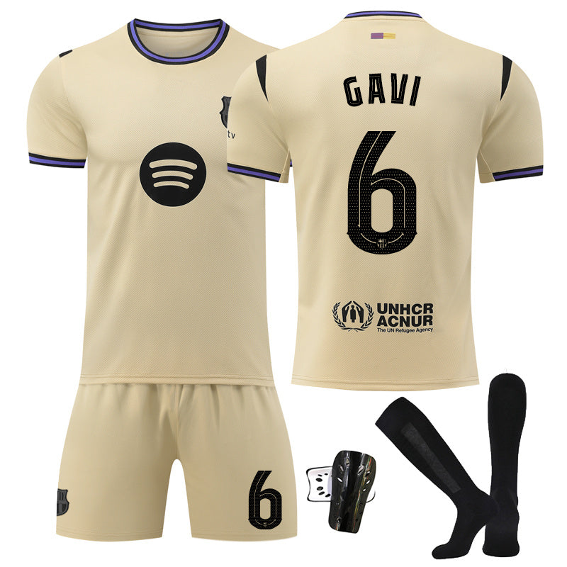 Beakey Barca Away UEFA Champions League Yellow Shorts Jersey GAVI #6 Soccer Jersey Kids Adult 4Pcs Jersey Kits