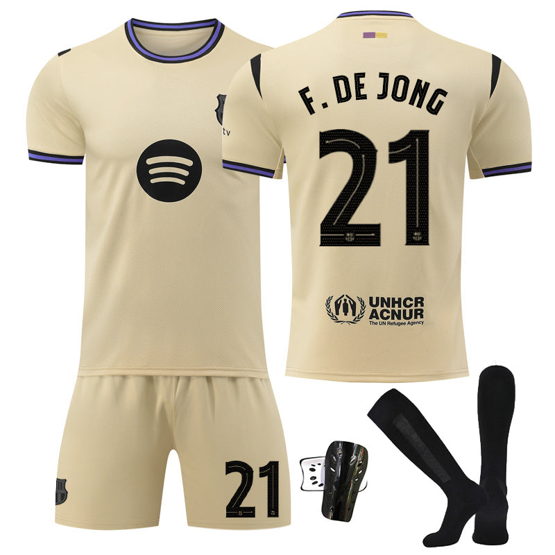 Beakey Barca Away UEFA Champions League Yellow Shorts Jersey F DE JONG #21 Soccer Jersey Kids Adult 4Pcs Jersey Kits