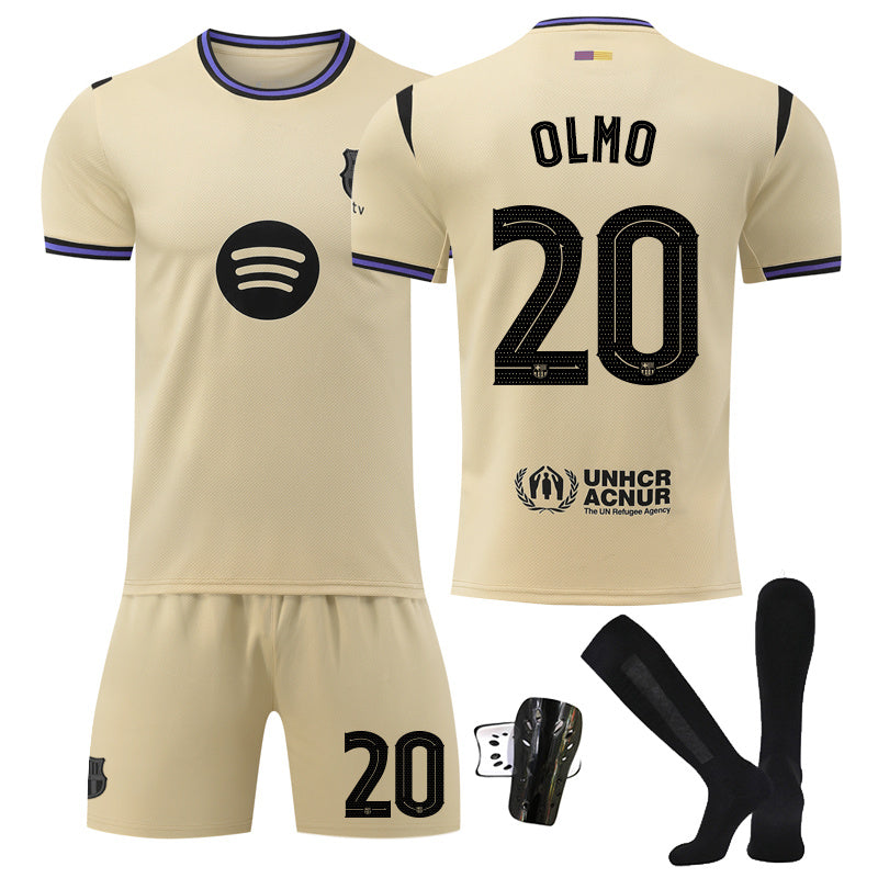 Beakey Barca Away UEFA Champions League Yellow Shorts Jersey OLMO #20 Soccer Jersey Kids Adult 4Pcs Jersey Kits