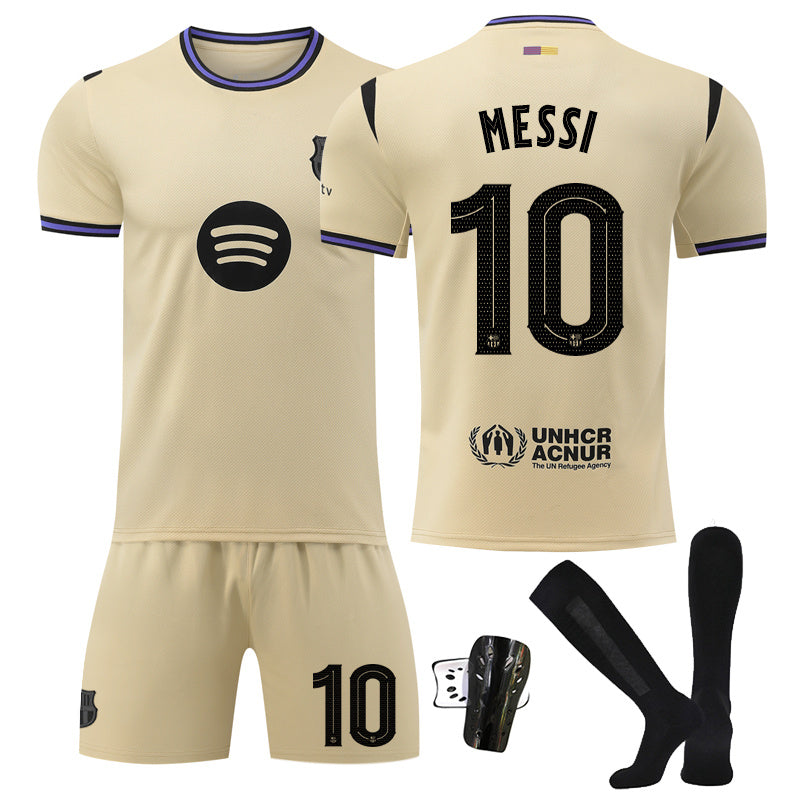 Beakey Barca Away UEFA Champions League Yellow Shorts Jersey MESSI #10 Soccer Jersey Kids Adult 4Pcs Jersey Kits