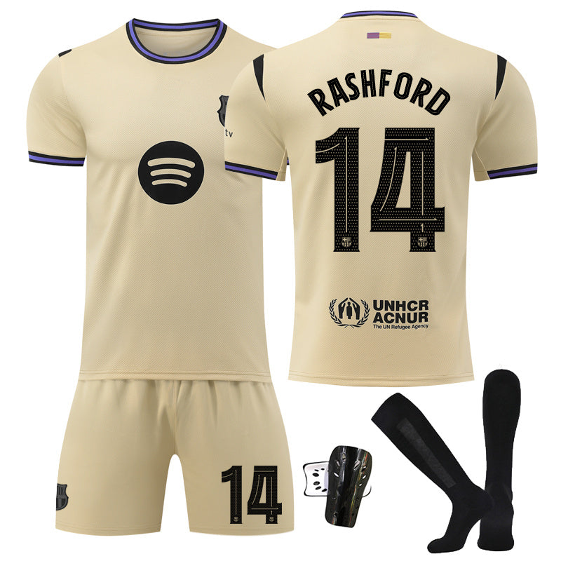 Beakey Barca Away UEFA Champions League Yellow Shorts Jersey RASHFORD #14 Soccer Jersey Kids Adult 4Pcs Jersey Kits