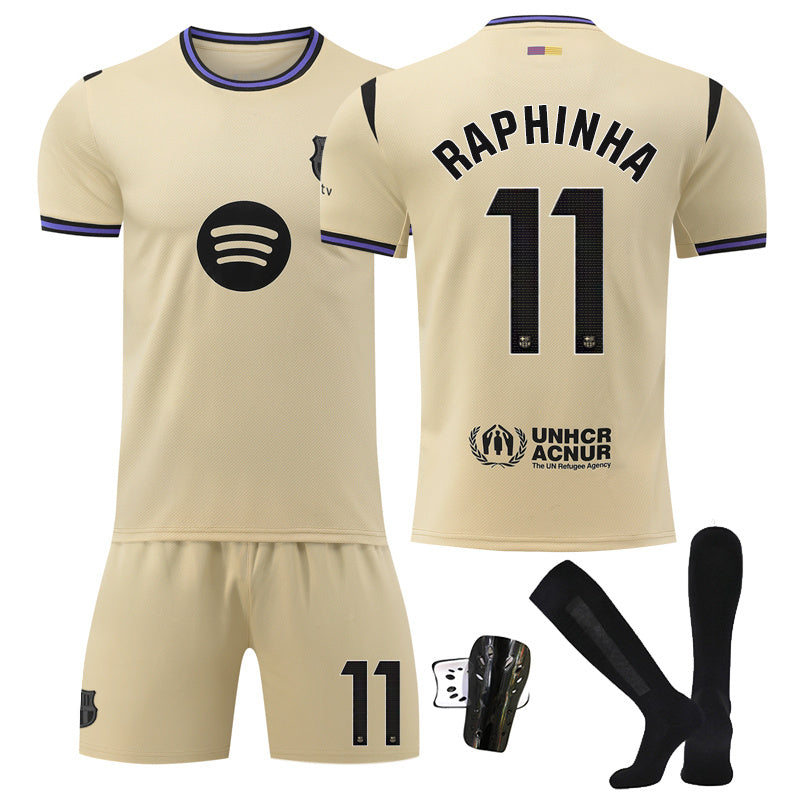 Beakey Barca LaLiga Away Yellow Shorts Jersey RAPHINHA #11 Soccer Jersey Kids Adult 4Pcs Jersey Kits