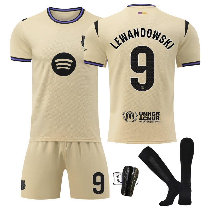 Beakey Barca LaLiga Away Yellow Shorts Jersey LEWANDOWSKI #9 Soccer Jersey Kids Adult 4Pcs Jersey Kits