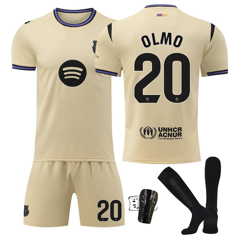 Beakey Barca LaLiga Away Yellow Shorts Jersey OLMO #20 Soccer Jersey Kids Adult 4Pcs Jersey Kits