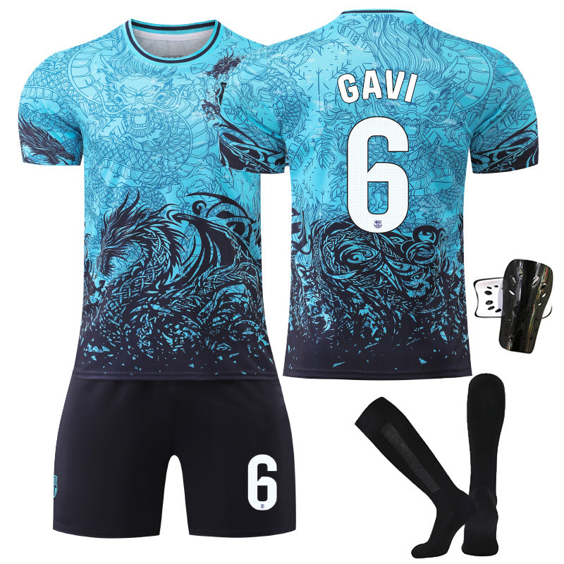 Beakey Barca Dragon Patterned Blue Jersey GAVI #6 Soccer Jersey Kids Adult 4Pcs Jersey Kits