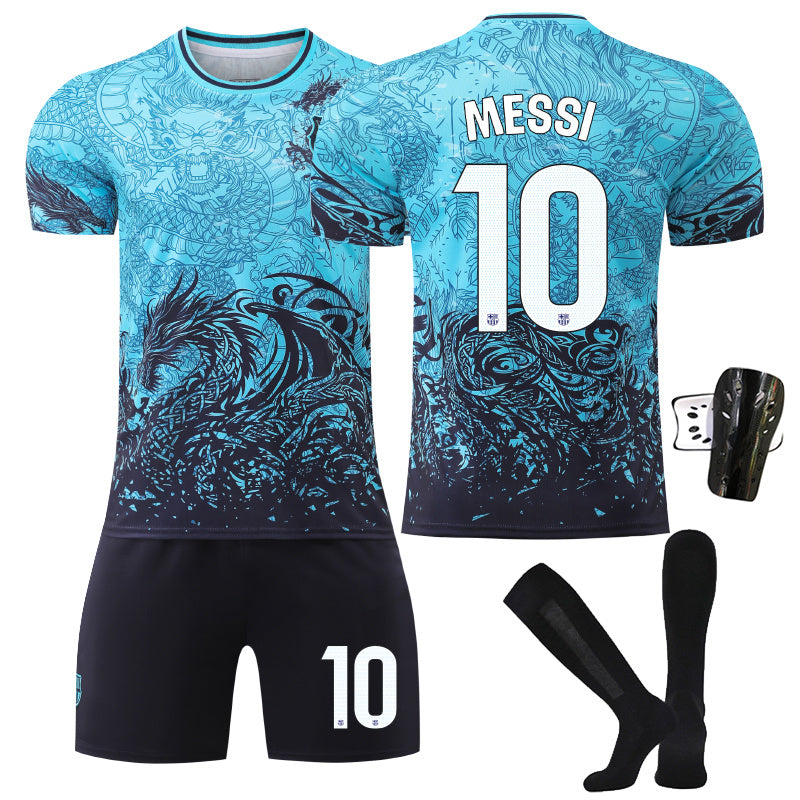Beakey Barca Dragon Patterned Blue Jersey MESSI #10 Soccer Jersey Kids Adult 4Pcs Jersey Kits