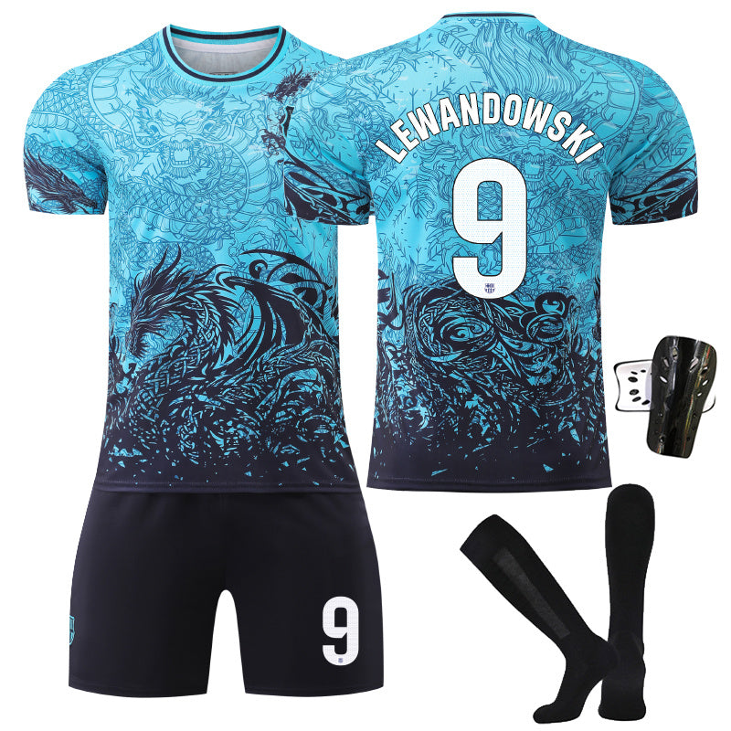 Beakey Barca Dragon Patterned Blue Jersey LEWANDOWSKI #9 Soccer Jersey Kids Adult 4Pcs Jersey Kits