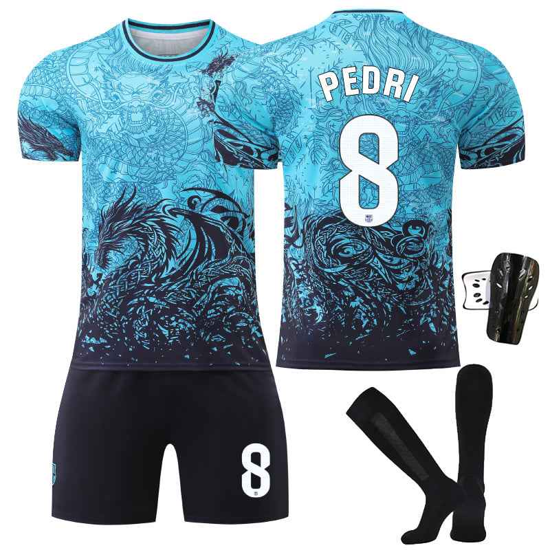 Beakey Barca Dragon Patterned Blue Jersey PEDRI #8 Soccer Jersey Kids Adult 4Pcs Jersey Kits
