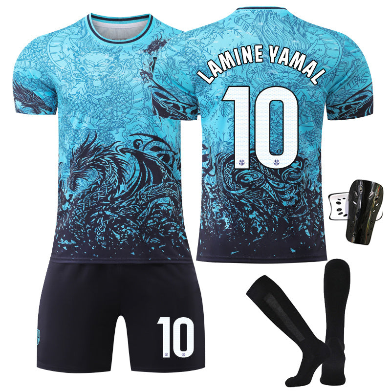Beakey Barca Dragon Patterned Blue Jersey LAMINE YAMAL #10 Soccer Jersey Kids Adult 4Pcs Jersey Kits