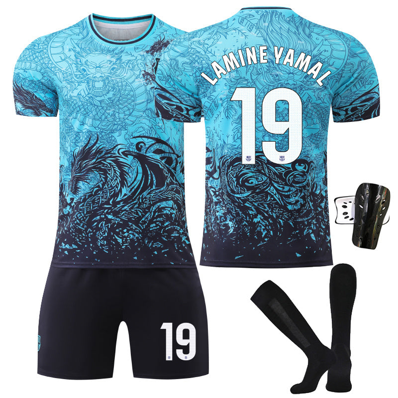 Beakey Barca Dragon Patterned Blue Jersey LAMINE YAMAL #19 Soccer Jersey Kids Adult 4Pcs Jersey Kits