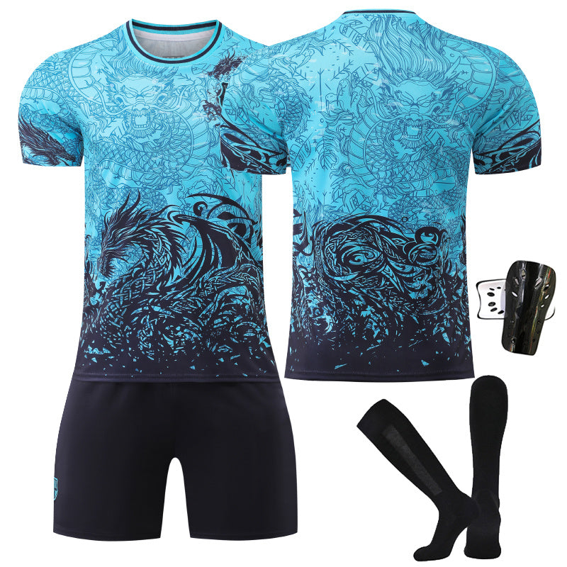 Beakey Barca Dragon Patterned Blue Jersey Soccer Jersey Kids Adult 4Pcs Jersey Kits