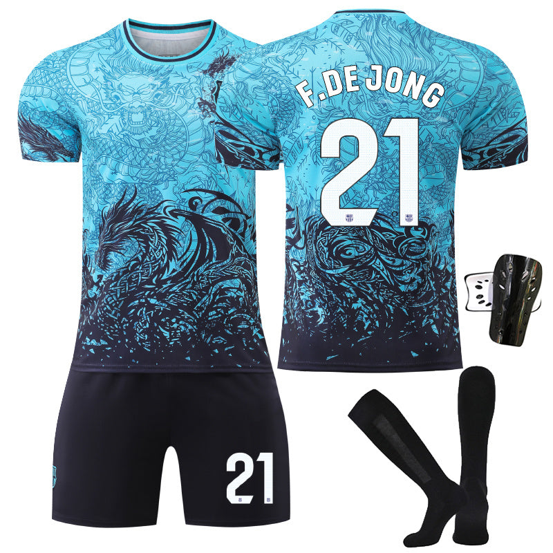 Beakey Barca Dragon Patterned Blue Jersey F DE JONG #21 Soccer Jersey Kids Adult 4Pcs Jersey Kits
