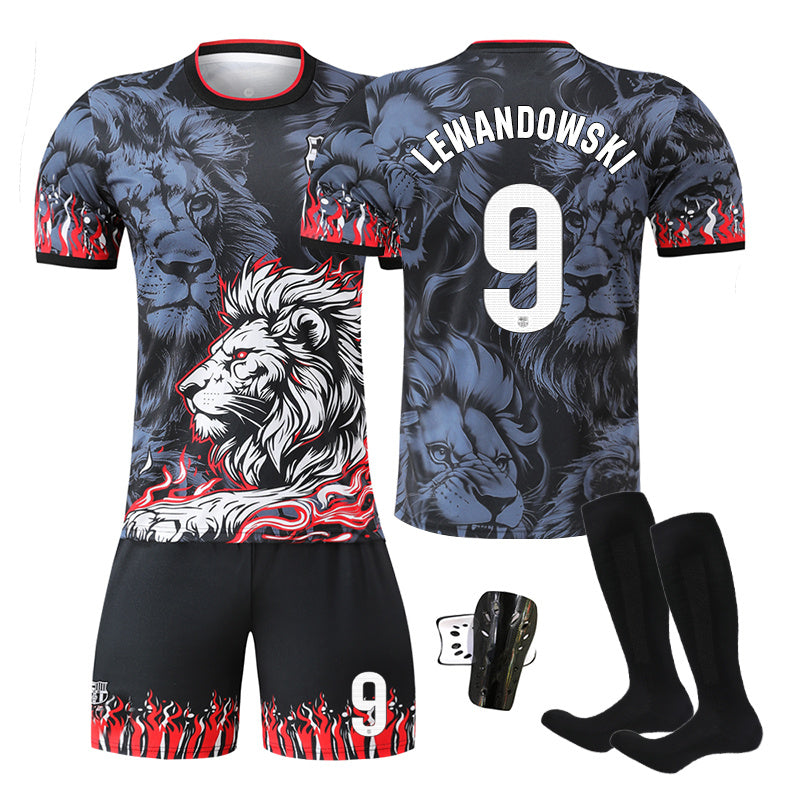Beakey Barca Lion Black Red Jersey LEWANDOWSKI #9 Soccer Jersey Kids Adult 4Pcs Jersey Kits