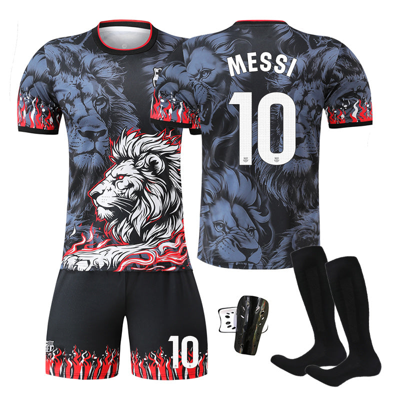 Beakey Barca Lion Black Red Jersey MESSI #10 Soccer Jersey Kids Adult 4Pcs Jersey Kits