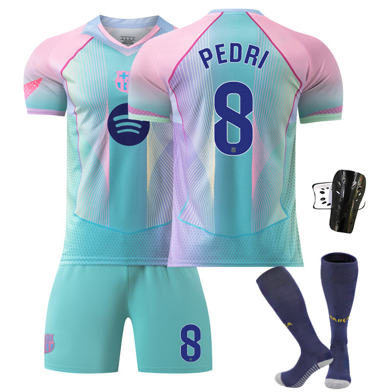 Beakey Barca Aqua Blue Jersey PEDRI #8 Soccer Jersey Kids Adult 4Pcs Jersey Kits