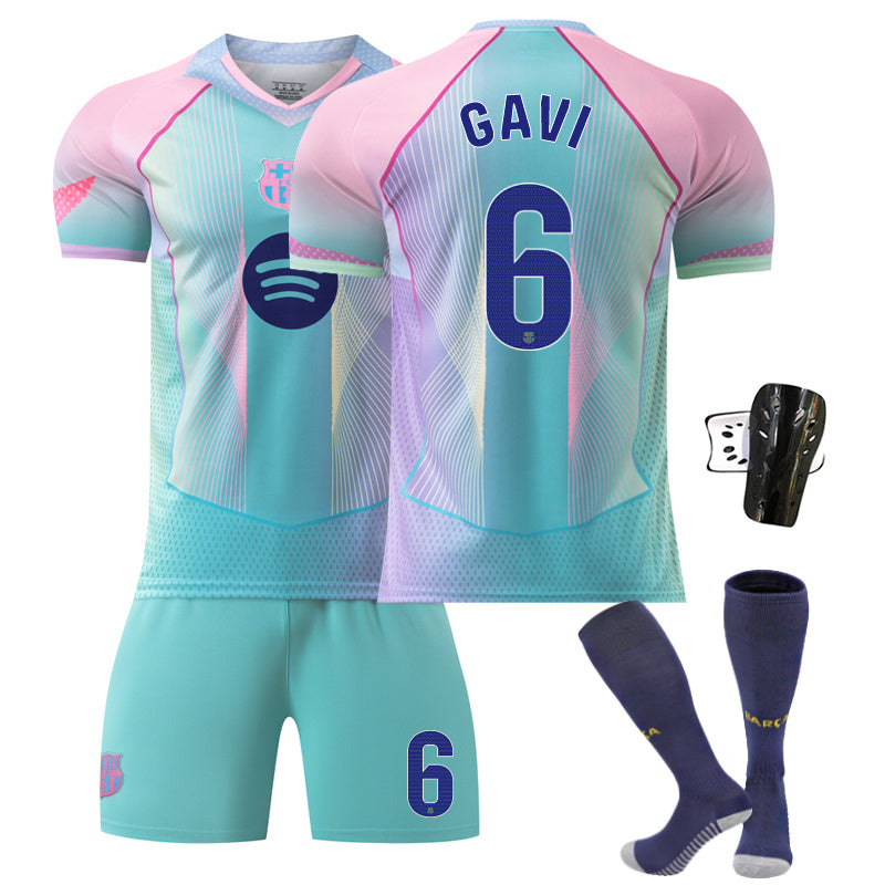 Beakey Barca Aqua Blue Jersey GAVI #6 Soccer Jersey Kids Adult 4Pcs Jersey Kits