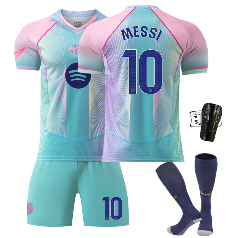 Beakey Barca Aqua Blue Jersey MESSI #10 Soccer Jersey Kids Adult 4Pcs Jersey Kits