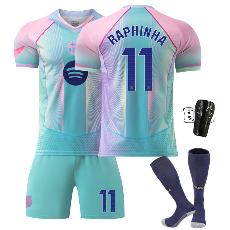 Beakey Barca Aqua Blue Jersey RAPHINHA #11 Soccer Jersey Kids Adult 4Pcs Jersey Kits