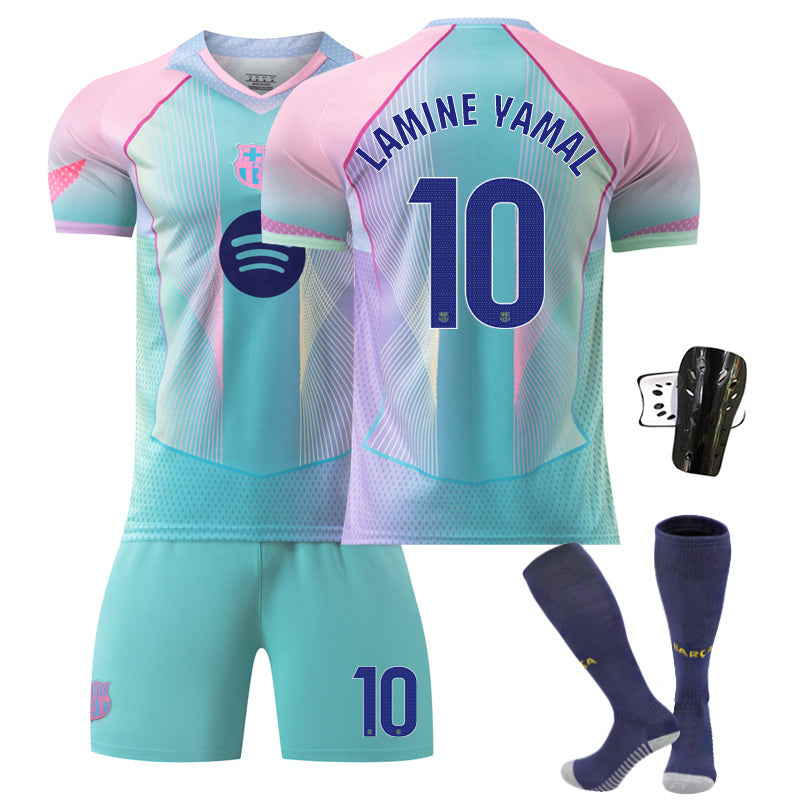 Beakey Barca Aqua Blue Jersey LAMINE YAMAL #10 Soccer Jersey Kids Adult 4Pcs Jersey Kits