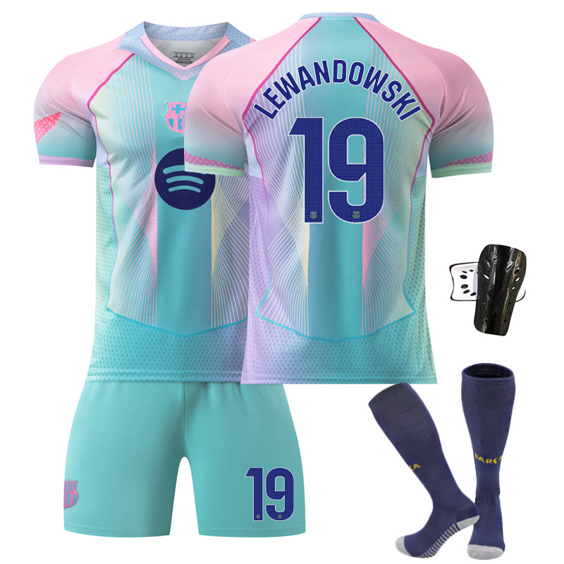 Beakey Barca Aqua Blue Jersey LEWANDOWSKI #19 Soccer Jersey Kids Adult 4Pcs Jersey Kits