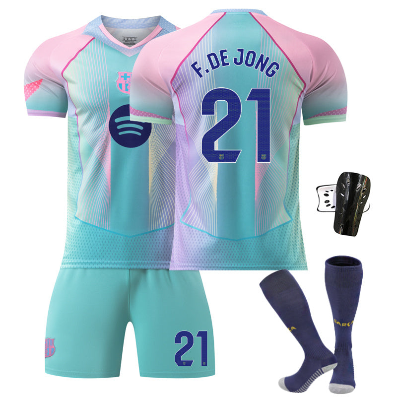 Beakey Barca Aqua Blue Jersey F DE JONG #21 Soccer Jersey Kids Adult 4Pcs Jersey Kits
