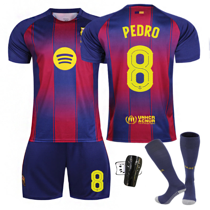 Beakey Barca Home UEFA Champions League Jersey PEDRO #8 Soccer Jersey Kids Adult 4Pcs Jersey Kits