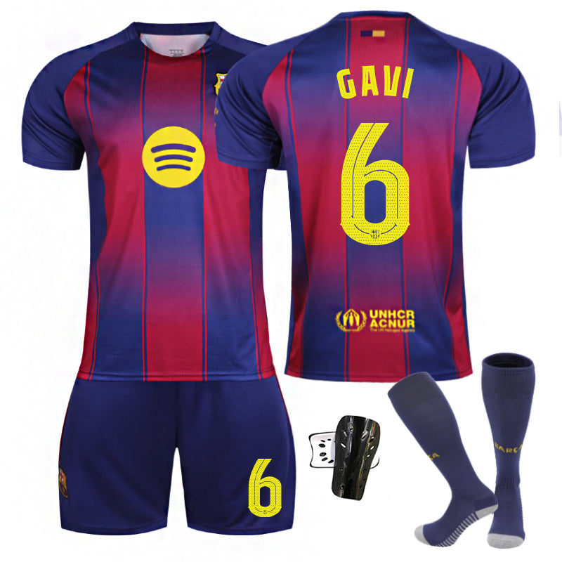 Beakey Barca Home UEFA Champions League Jersey GAVI #6 Soccer Jersey Kids Adult 4Pcs Jersey Kits