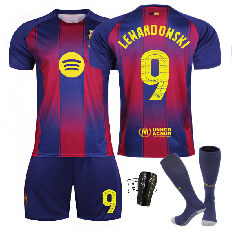 Beakey Barca Home UEFA Champions League Jersey LEWANDOWSKI #9 Soccer Jersey Kids Adult 4Pcs Jersey Kits