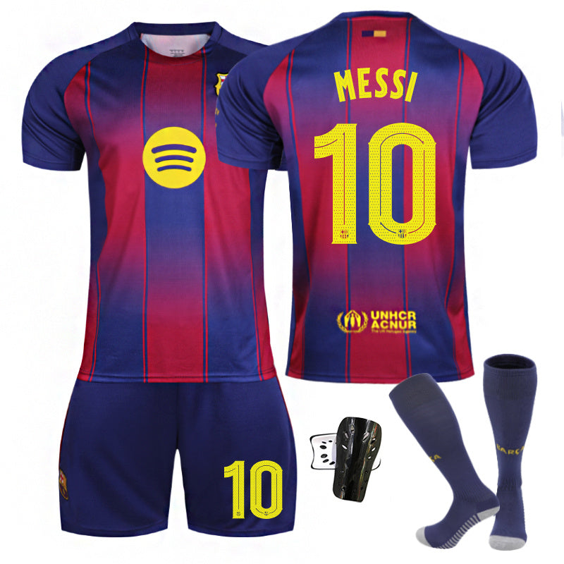 Beakey Barca Home UEFA Champions League Jersey MESSI #10 Soccer Jersey Kids Adult 4Pcs Jersey Kits