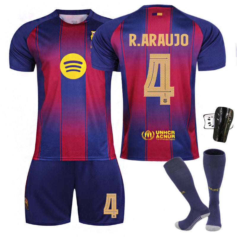 Beakey Barca Home UEFA Champions League Light Colored Font Jersey GAVI #6 Soccer Jersey Kids Adult 4Pcs Jersey Kits