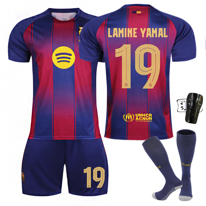 Beakey Barca Home UEFA Champions League Light Colored Font Jersey LAMINE YAMAL #19 Soccer Jersey Kids Adult 4Pcs Jersey Kits