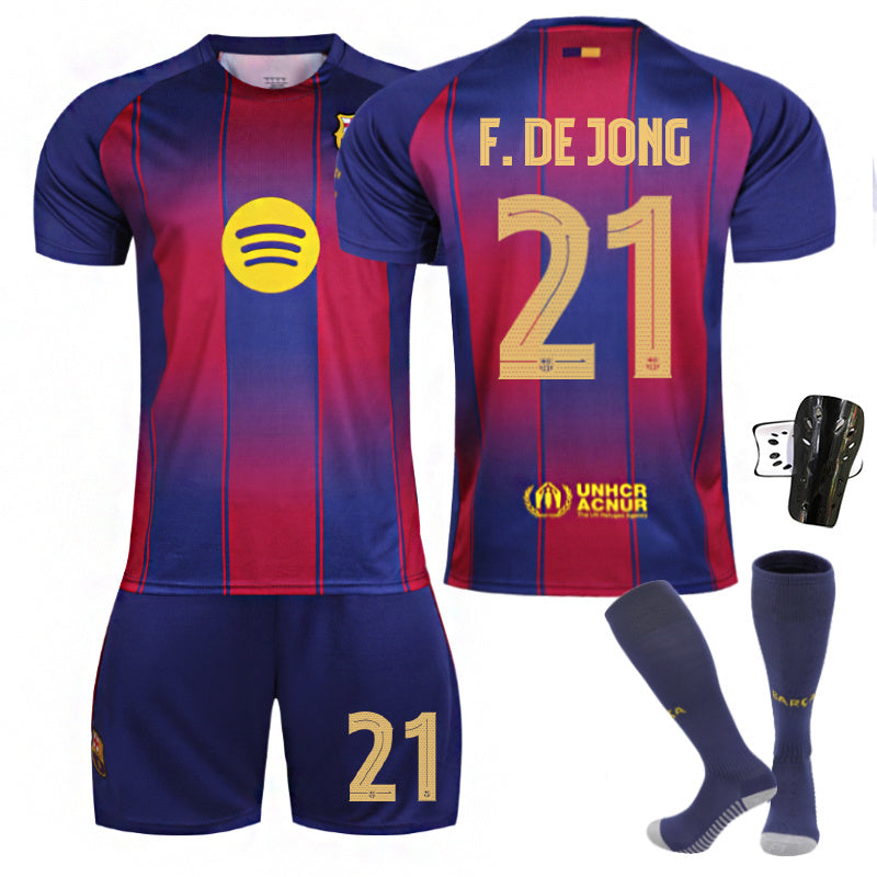 Beakey Barca Home UEFA Champions League Light Colored Font Jersey F DE JONG #21 Soccer Jersey Kids Adult 4Pcs Jersey Kits